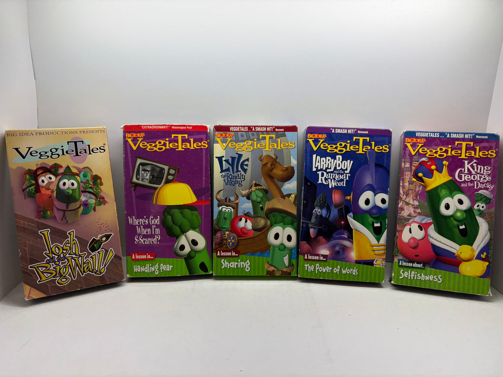 VeggieTales 5 VHS Bundle - Josh and the Big Wall, Where's God When I'm S-Scared, Lyle the Kindly Viking, Larry-Boy Rumor Weed, King George and the Ducky - Tested