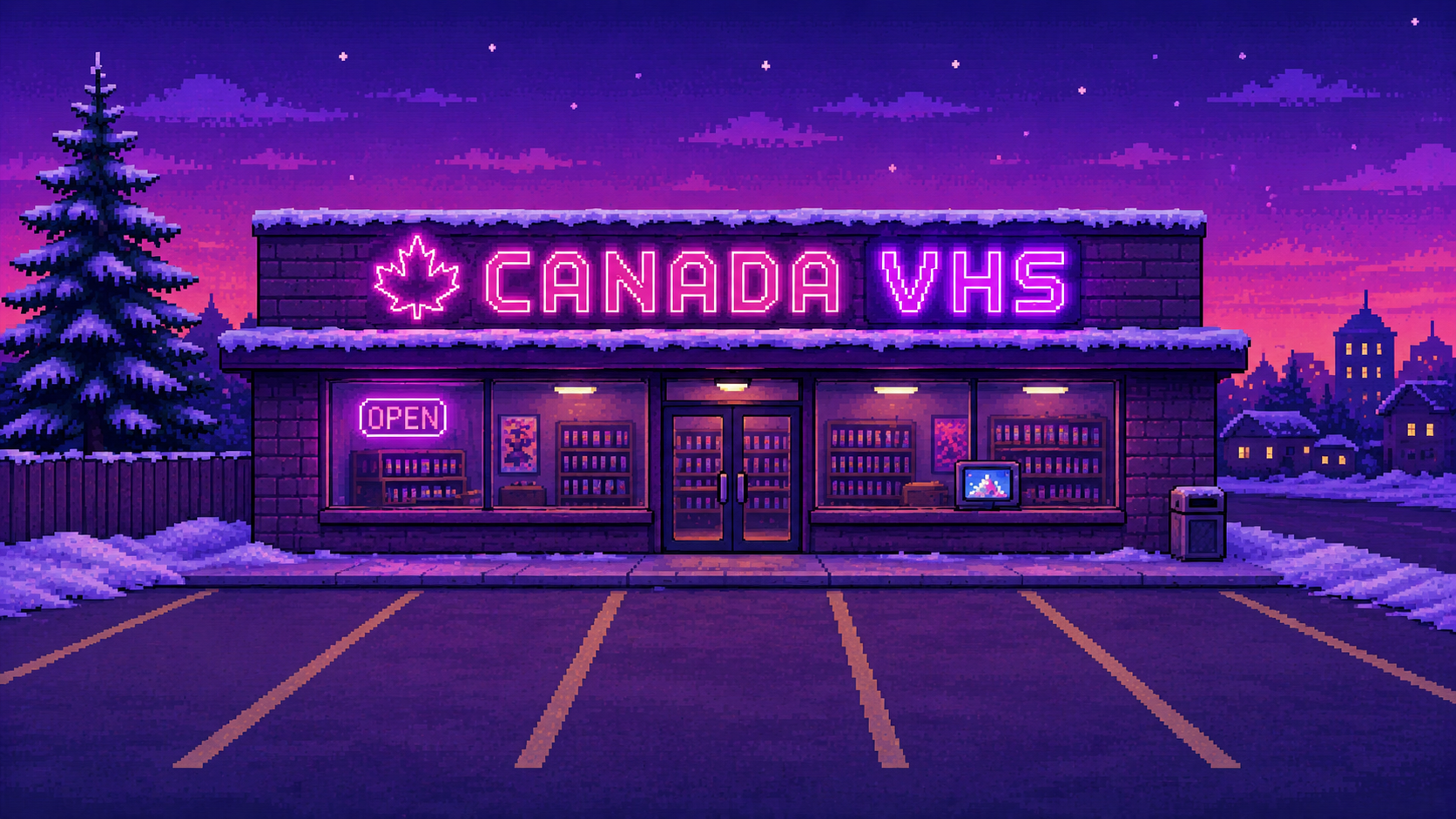 Canada VHS pixel-art video store storefront at dusk in winter
