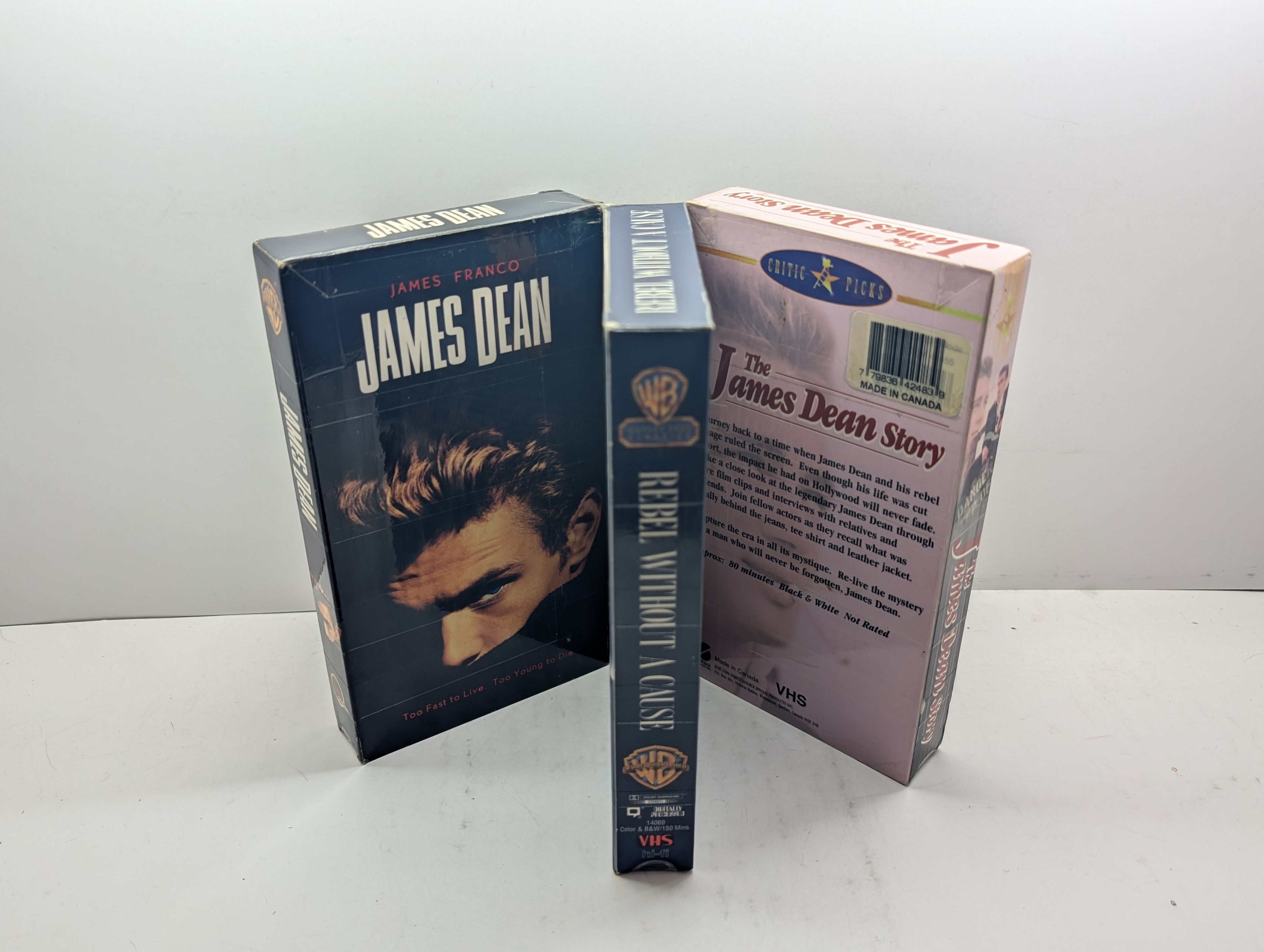 James Dean 3-Tape Collection: James Dean / Rebel Without a Cause / The James Dean Story - VHS – actual VHS tape and packaging sold by Canada VHS.